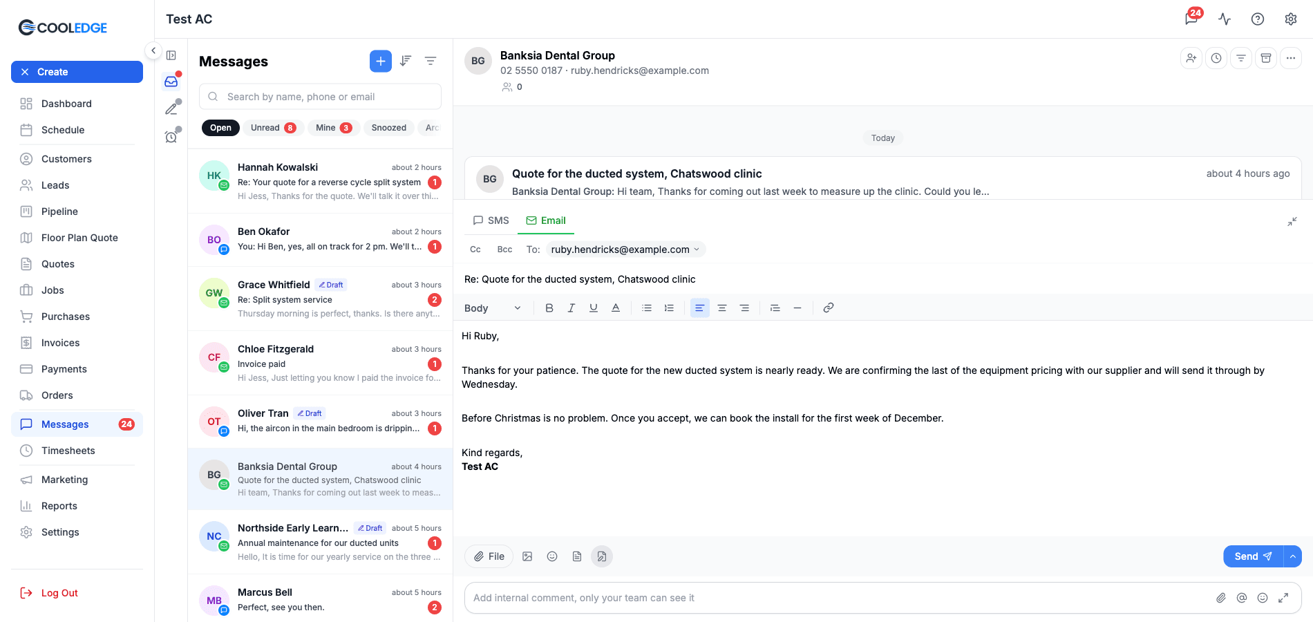 An email being written on the portal, with the Save as draft icon highlighted at the end of the composer toolbar
