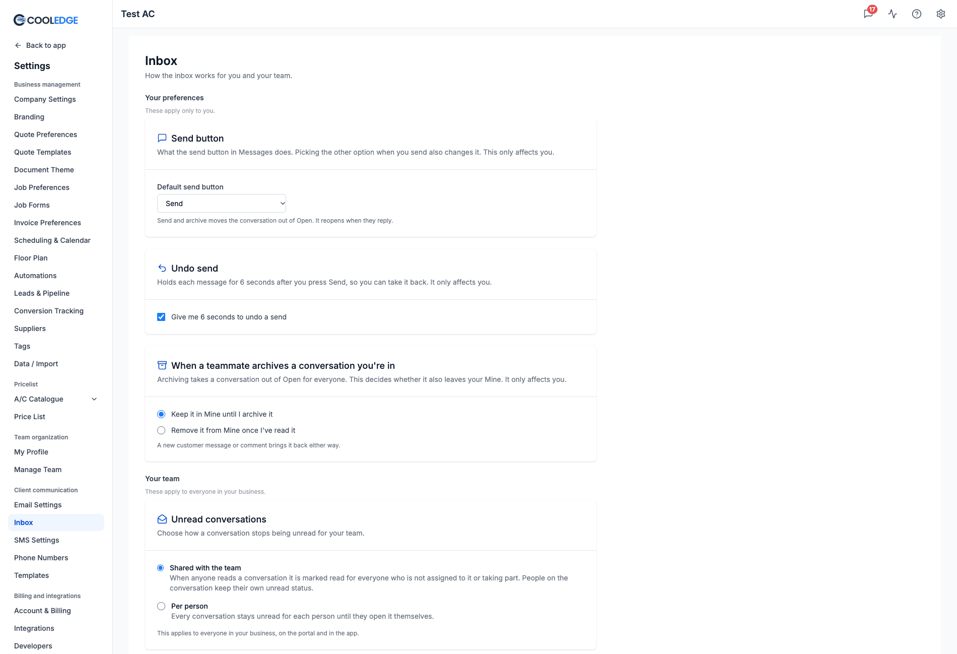 The Inbox settings page on the portal, with the Send button, Undo send and teammate archive cards under Your preferences and the Unread conversations card under Your team