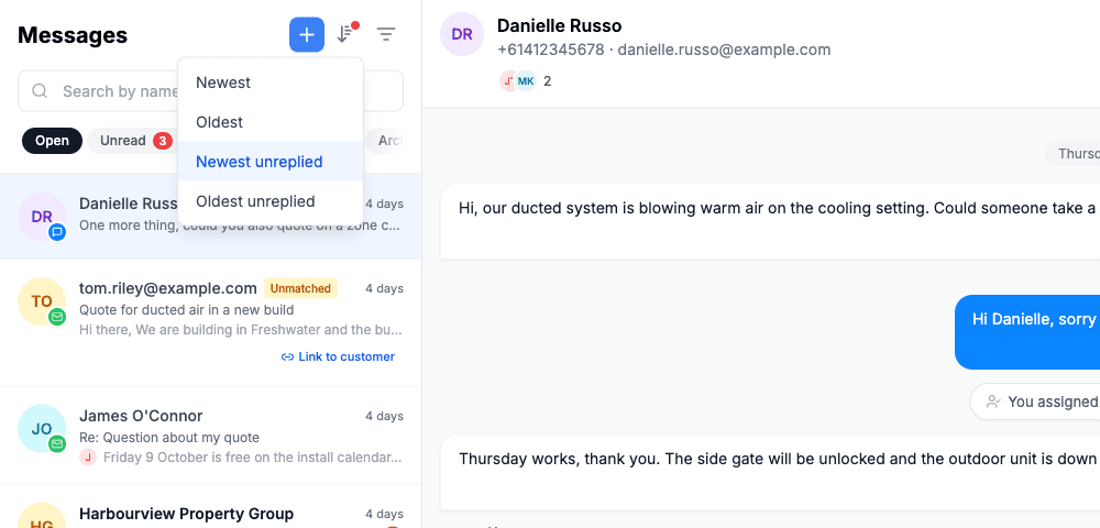 The sort menu open on the portal, listing Newest, Oldest, Newest unreplied and Oldest unreplied. Newest unreplied is picked, so the sort icon shows a red dot