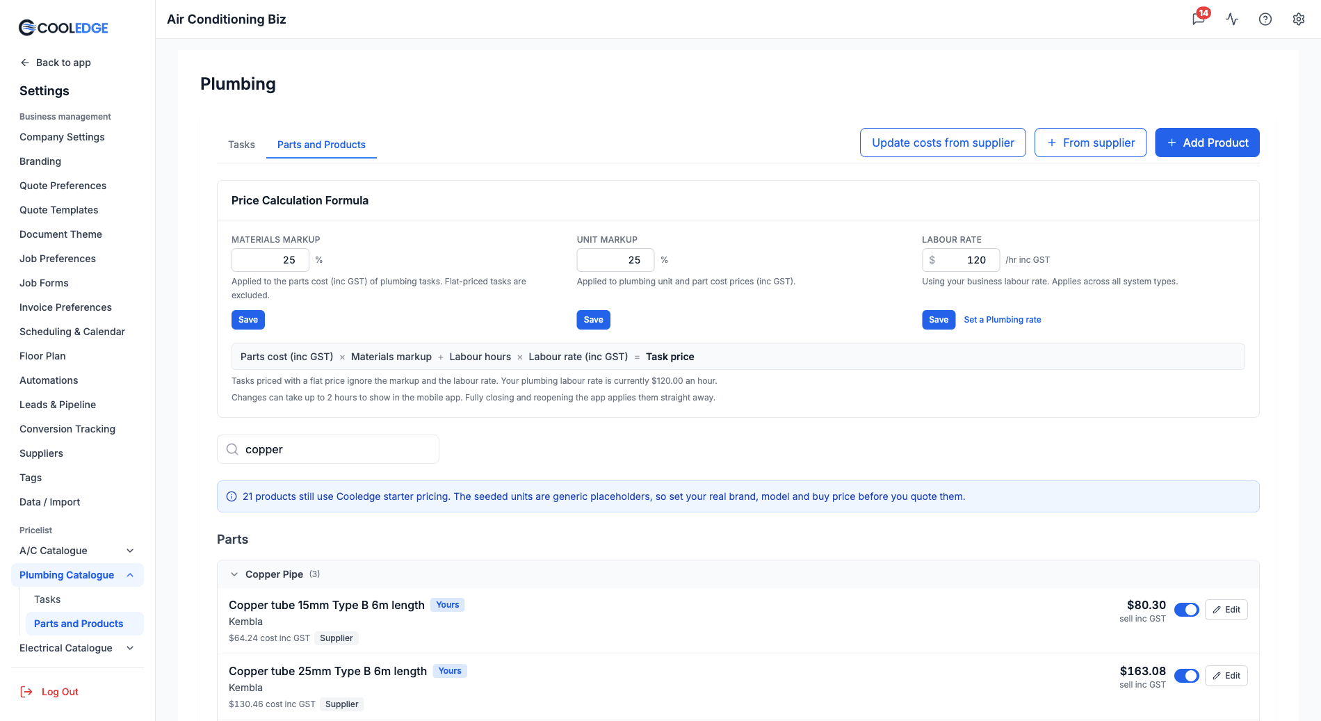 The Plumbing Parts and Products page with Update costs from supplier, From supplier and Add Product at the top and rows wearing a Supplier badge