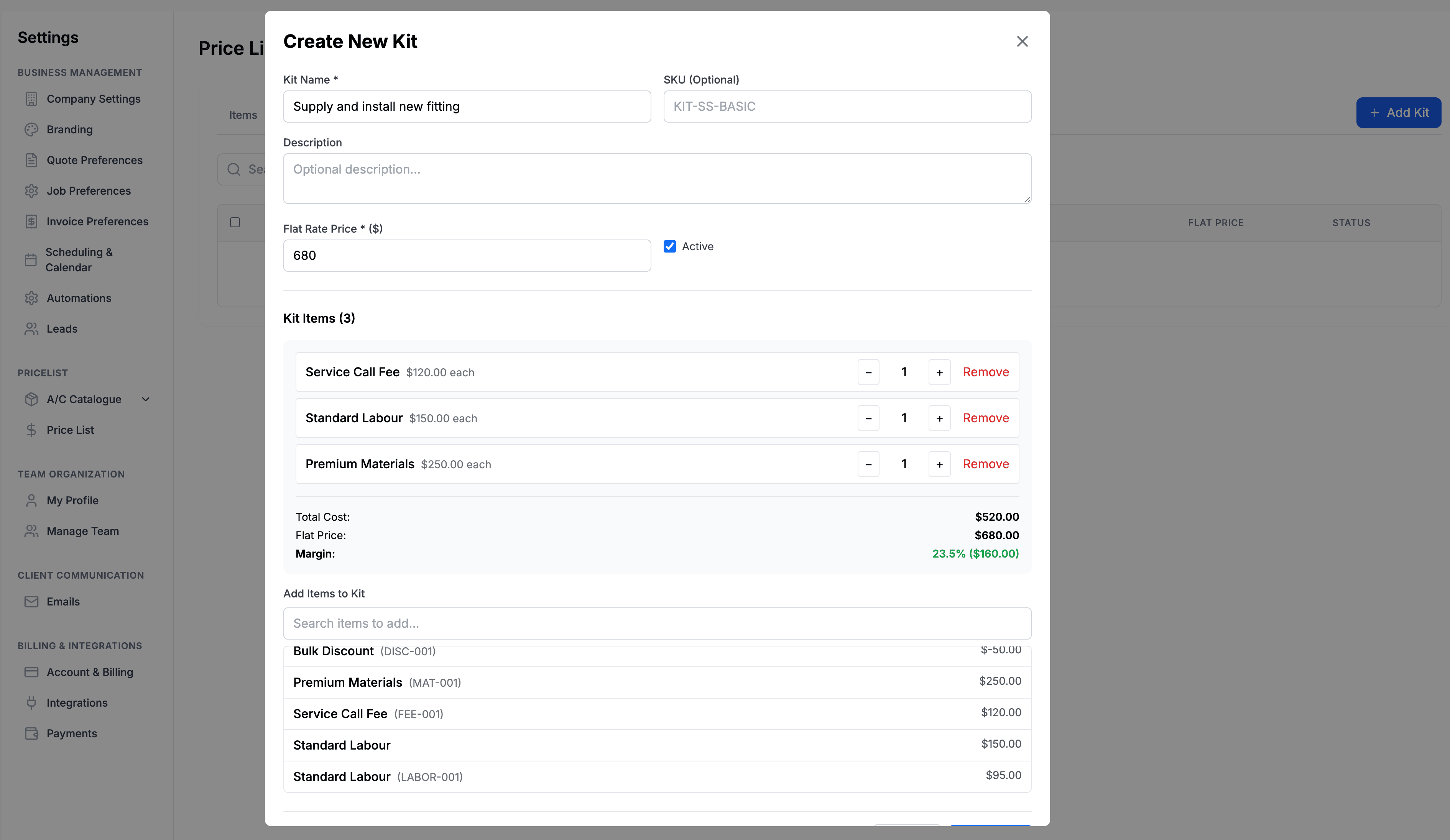 Portal price list page showing items and kits with SKU and pricing