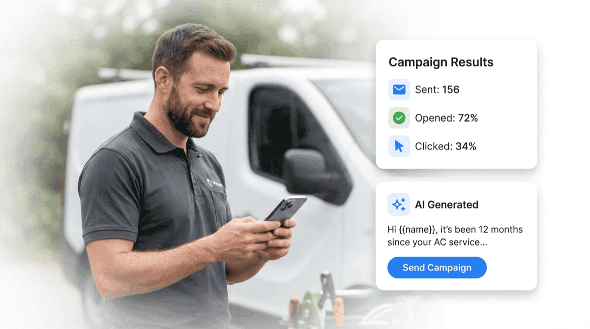 AI-powered campaign builder showing campaign results and generated message template