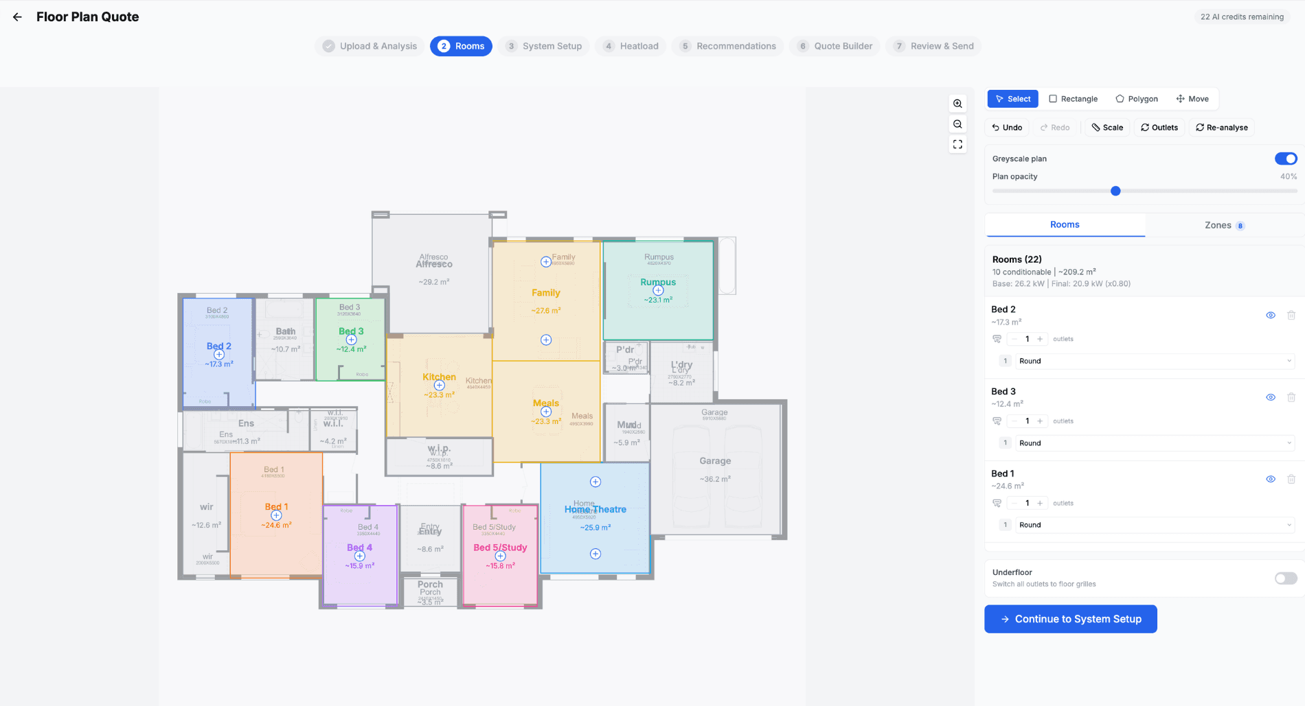 Floor plan scanning with AI room detection for ducted quotes
