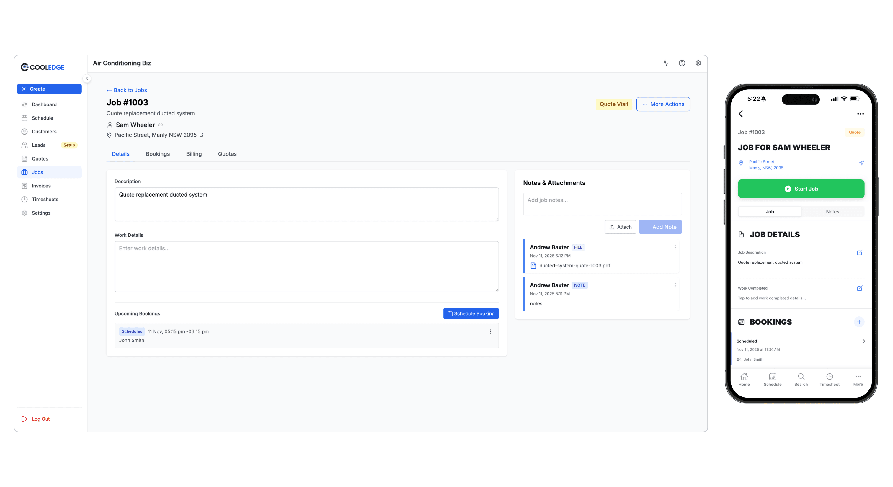 Portal job detail page showing quotes, bookings, and notes tabs